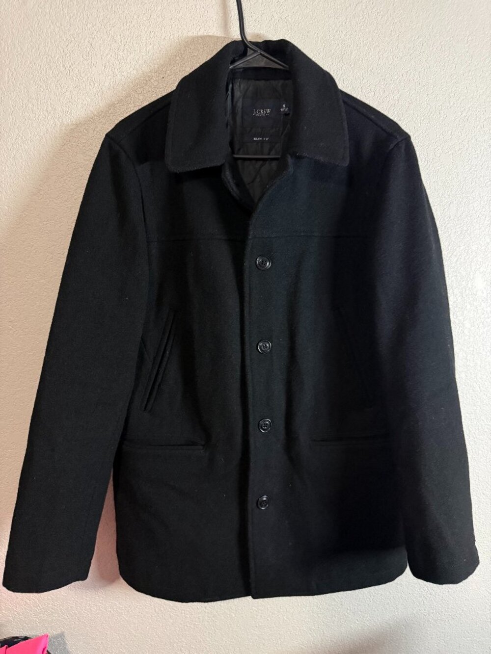 J.Crew Men's Black Stadium Cloth Wool Quilted Lined Slim Fit Car Coat Sz S